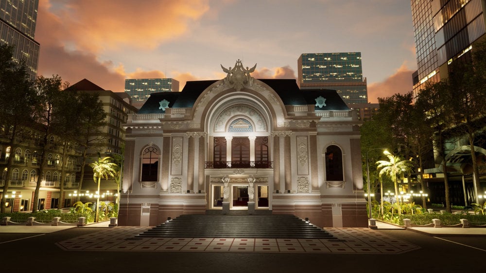 The Ho Chi Minh City Opera House glows at dusk, blending its French colonial elegance with the modern skyline